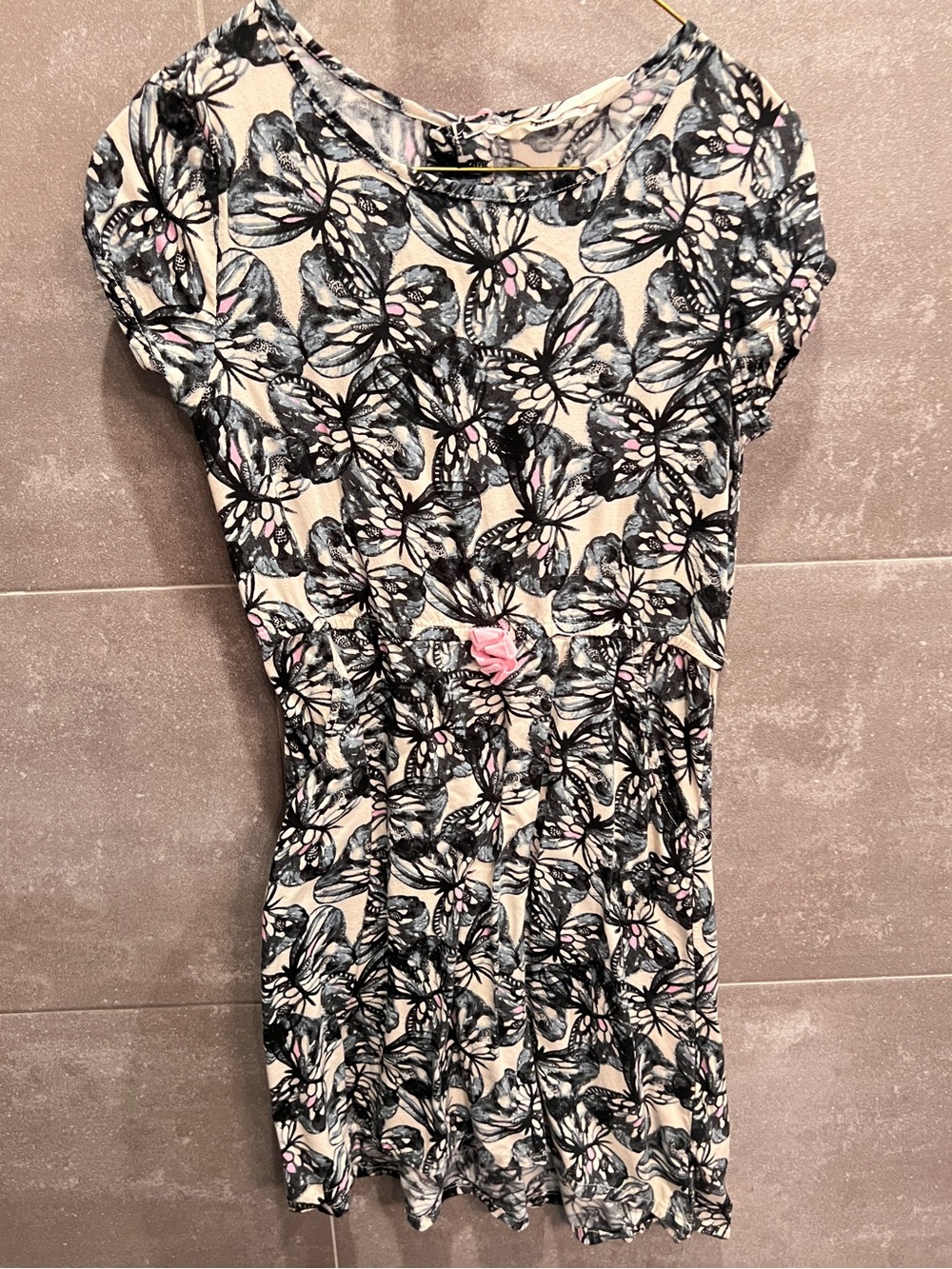 Butterfly Print Short Sleeve Dress in Cream and Black with Pink Accents